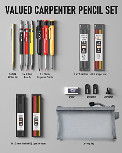 Nicpro 16 Pack Mechanical Carpenter Pencil Set with 42 Refills & Carbide Scribe Tool, Deep Hole Marker Construction Pencils Heavy Duty Woodworking Nicpro