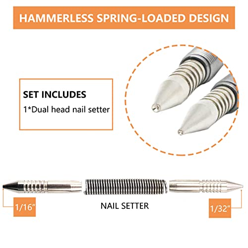 WHLLING Dual Head Nail Setter, Hammerless 1/32″& 1/16″ Spring Nail Set, 3500 PSI Striking Force Counter Punch WHLLING