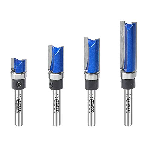 KOWOOD Plus Pattern Flush Trim Router Bit Set, 1/4 Inch Shank, Top Bearing Flush Trim Bit Kit. Cutting Height in 25/64”, 3/4”, 1”, 1-1/2”. With KOWOOD