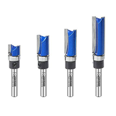 KOWOOD Plus Pattern Flush Trim Router Bit Set, 1/4 Inch Shank, Top Bearing Flush Trim Bit Kit. Cutting Height in 25/64”, 3/4”, 1”, 1-1/2”. With