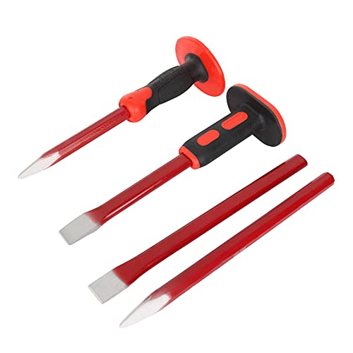 RHBLME 4PCS Masonry Chisel with Hand Protection, 12 Inch Heavy Duty Chisel Set - 2 PCS Flat Head Chisel & 2 PCS Pointed Head Chisel - Used for RHBLME