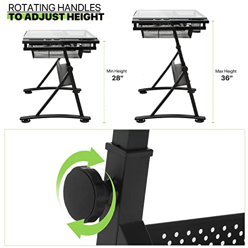 Magshion Drafting Table Desk Adjustable Height Artist Desk with Tilting Glass Tabletop and Sliding Wood Desktop, All-in-One Art Desk for Reading, Magshion