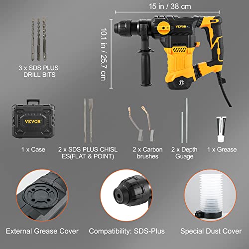 VEVOR 1-1/4 Inch SDS-Plus Rotary Hammer Drill, 13 Amp Corded Drills, Heavy Duty Chipping Hammers w/Vibration Control & Safety Clutch, Electric VEVOR