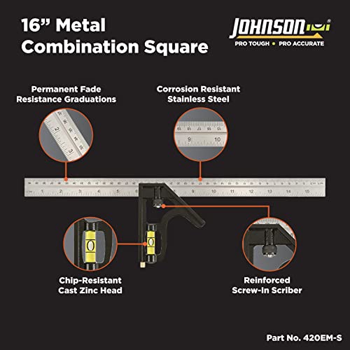 Johnson Level & Tool 420EM-S Heavy Duty Professional Inch/Metric Metal Combination Square, 16", Silver, 1 Square Johnson