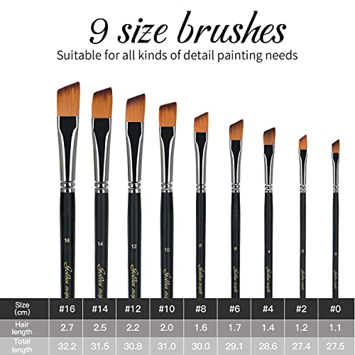 Angular Paint Brush, 9PC Oblique Tip Nylon Hair Long Handle Angled Paint Brushes Set Art Artist Professional Painting Supplies for Acrylic, golden maple