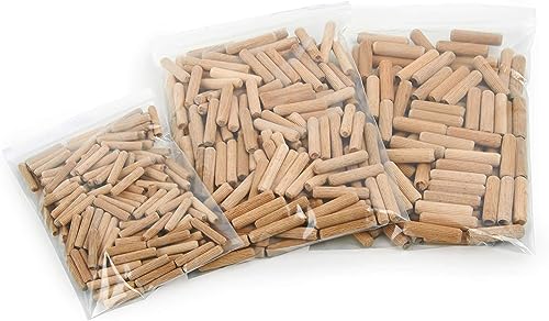 ALBO Wooden Dowel Pins 500 Pack Assorted Sizes 1/4 + 5/16 + 3/8 inch Fluted Wood Dowels Rods Hardwood Crafts Dowel Pegs… Albo