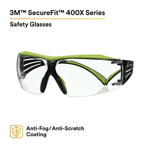 3M Safety Glasses, SecureFit 400X, ANSI Z87, Anti-Fog Anti-Scratch Clear Lens, Green and Black Frame, Brow Guard, Lightweight, Soft Nose Bridge and 3M SecureFit
