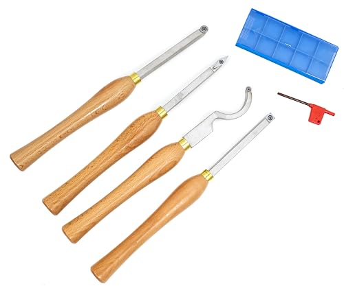LLDSIMEX 4pcs Mini Carbide Tipped Wood Lathe Turning tools Combo set Rougher Detailer Finisher Hollower with Wood Handle and Diamond Round Square LLDSIMEX