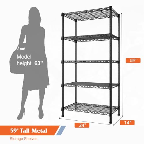 REIBII Wire Shelving Rack 5-Tier Metal Shelves for Storage Adjustable Garage Shelving Heavy Duty Storage Shelves for Storage Rack, 24" W X 14" D X REIBII