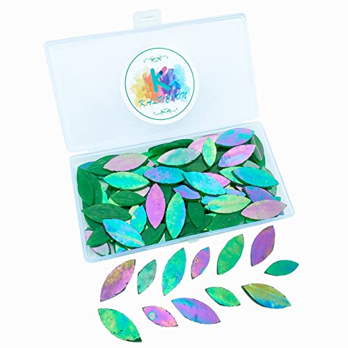 KALUCION 120 Pcs Iridescent Green Petal Mosaic Tiles, Hand Cut Stained Glass Petals, Floral Mosaic Tiles, Tiffany Glass Flower Petals Supplies Kit KALUCION