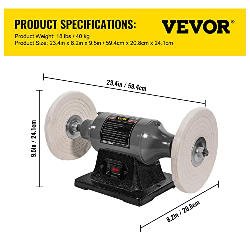 VEVOR Bench Buffer Polisher, 8 inch Buffing Machine 370W Motor with 3600 RPM, Heavy Duty Benchtop Lathe Polishing Machine for Jewelry, Wood, Silver, VEVOR