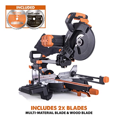 Evolution Power Tools R255SMS-DB+ 10-Inch Dual Bevel Sliding Miter Saw Multi-Material, Multipurpose Cutting Cuts Metal, Plastic, Wood 45˚-45˚ Double Evolution