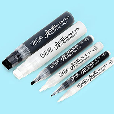 ZEYAR Acrylic Paint Marker Pens, 3 Different Point Size: Extra Fine(0.7mm), Medium Bullet(2.5mm), Jumbo Felt Tip(10-15mm) (Black & White Colors,