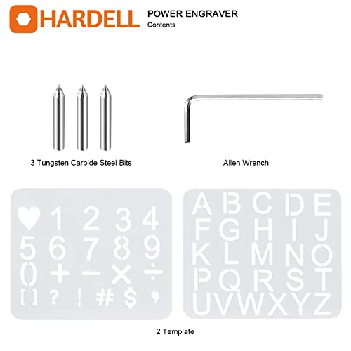 HARDELL 24W Engraver Pen, 5 Speed Engraving Tool with Letter/Number Stencil, Soft Handle Engraver Tool with Tungsten Carbide Steel Bits for Metal, HARDELL