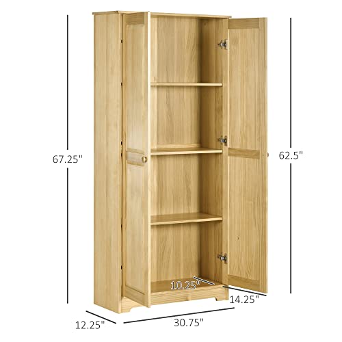 HOMCOM 67" Pinewood Kitchen Pantry Storage Cabinet, Freestanding Cabinets with Doors and Shelf Adjustability, Soft-Close Mechanism, Living Room & HOMCOM