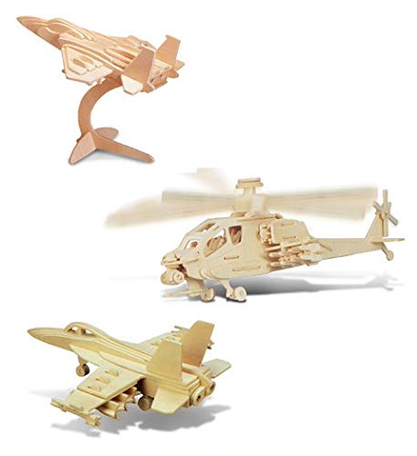 Puzzled Bundle of Aircrafts: F-15, Apache, & F-18 Wooden 3D Puzzles Construction Kits - Fun & Educational DIY Combat Toys, Assemble Model Unfinished Puzzled
