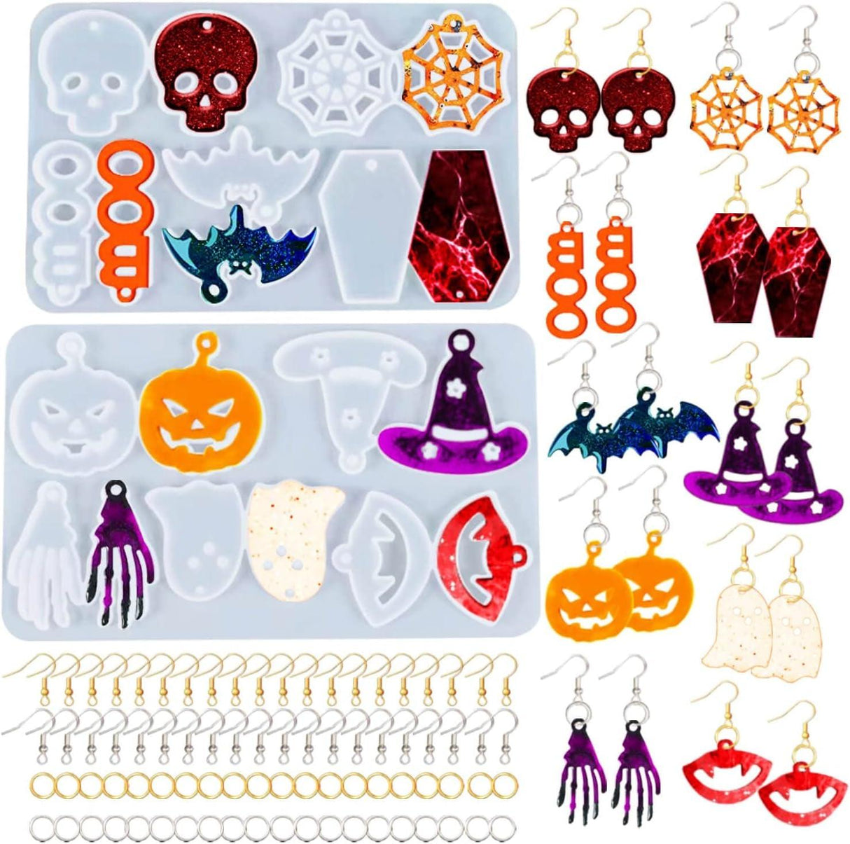 82 PCS Halloween Earring Resin Molds with Hole, 10 Pairs Halloween Silicone Molds with 40 Earring Hooks Skull Pumpkin Bat Spider Earring Epoxy Resin WoodArtSupply