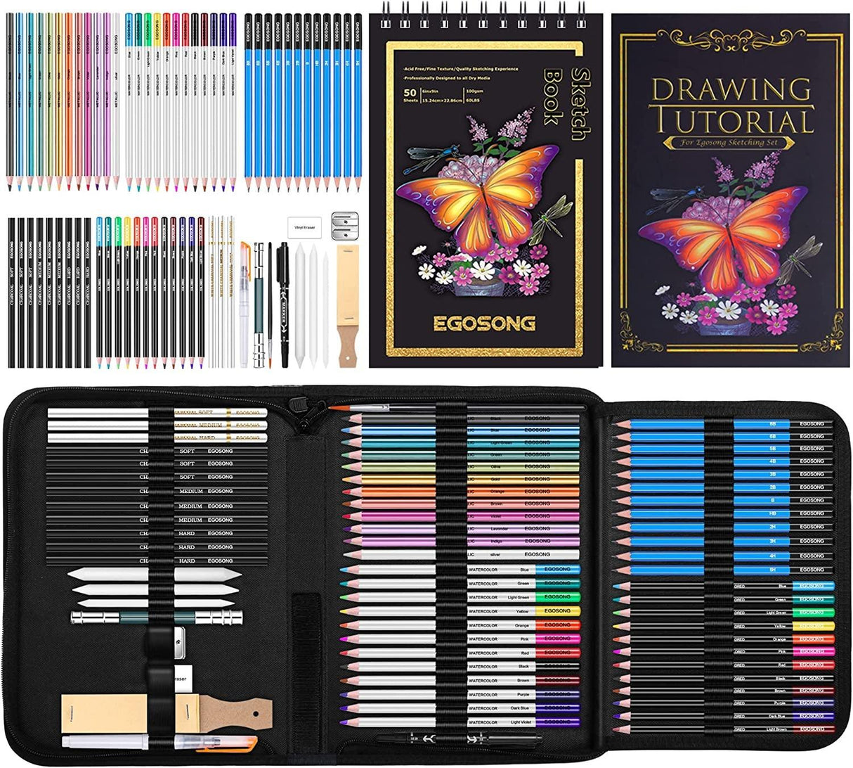 73 Drawing Set Sketching Kit,Pro Art Sketch Supplies with Sketchbook,Tutorial,Graphite,Colored WoodArtSupply