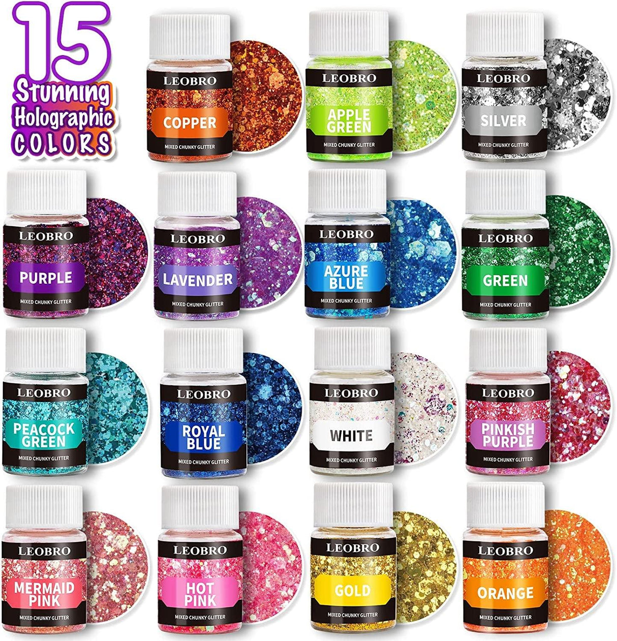 Holographic Chunky Glitter, 15 Colors Craft Glitter for Resin, with 5PCS Mixing Spoon, Cosmetic Glitter for Nail Body Eye Face, Resin Glitter Flakes WoodArtSupply