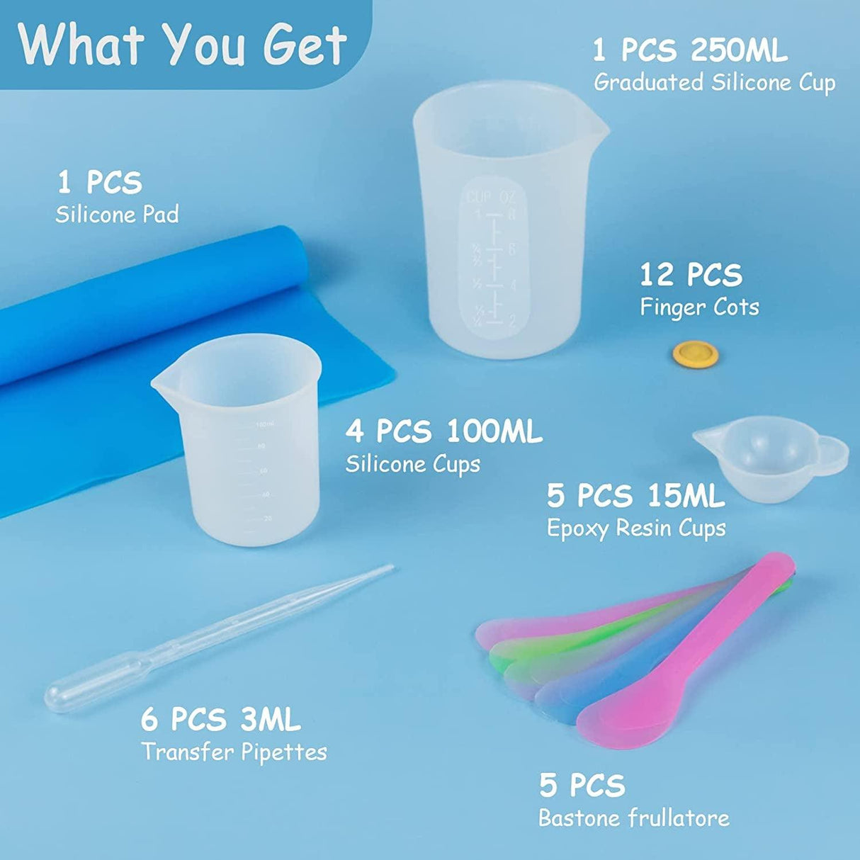 Silicone Measuring Cups Tool Kit , Non-Stick 250 & 100Ml Epoxy Mixing Cups, Reusable Resin Supplies with Silicone Mat, Stir Sticks, Pipettes, Color WoodArtSupply