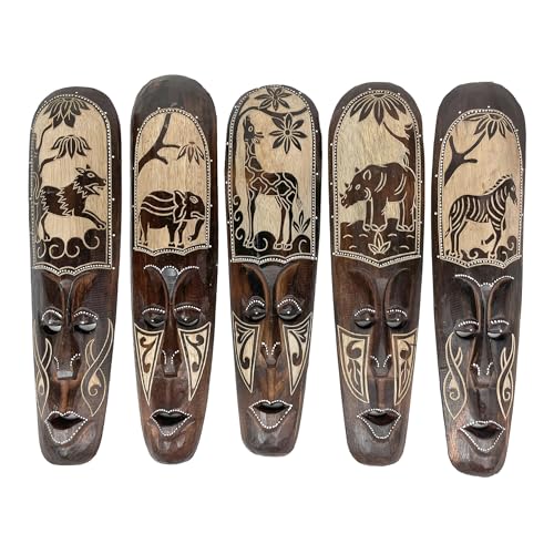 Artisan-Carved Set of 5 Hand-Crafted Wooden African Animal Wall Masks: Unique Tribal Art Sculptures - Each 20 Inches High - Perfect for Cultural Zeckos
