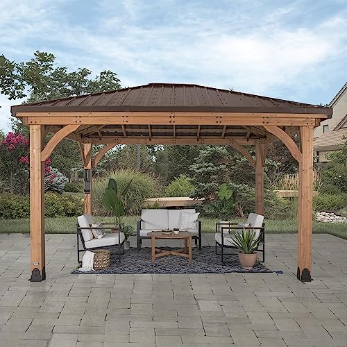 Backyard Discovery Barrington 14 ft. x 10 ft. Hip Roof Cedar Wooden Gazebo Pavilion, Shade, Rain, Hard Top Steel Metal Roof, All Weather Protected, Backyard Discovery