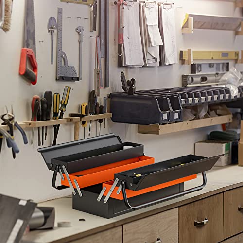 Nightcore 27” x 21” x 8.5” Metal Tool Box, 5-Tray Cantilever Tool Box with 3 Levels Fold Out Organizer Storage, Portable Folding Tool Organizer with Generic