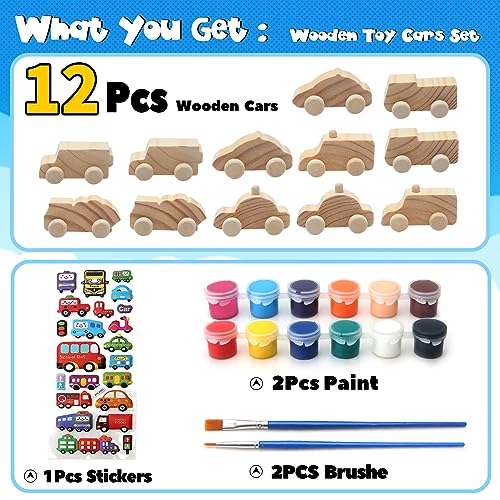 ColCospie Wooden Cars to Paint for Kids,Come with 12pcs DIY Wooden Cars for 12pcs of Color Pigments and 1pcs Car Styling Sticker ColCospie
