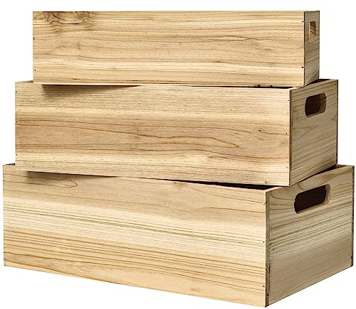 MACVAD Set of 3 Unfinished Wooden Crates, Large Wooden Storage Crates for Display Rustic, Farmhouse Style Storage Container Baskets Boxes for Home MACVAD