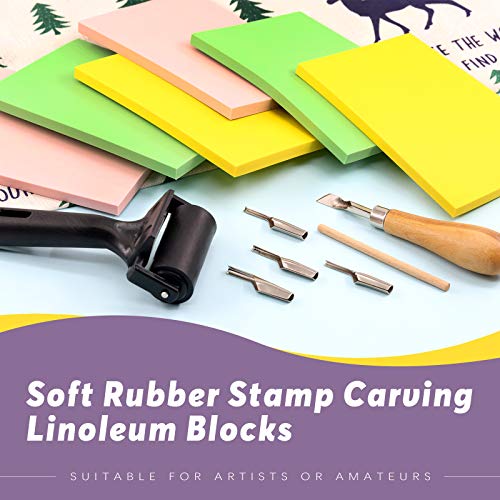 Swpeet 8Pcs Carving Rubber Tools, 6Pcs Scrapbooking Soft Rubber Stamp Carving Linoleum Blocks, 5 in 1 Linoleum Cutter Tools and Rubber Roller Brayer Swpeet