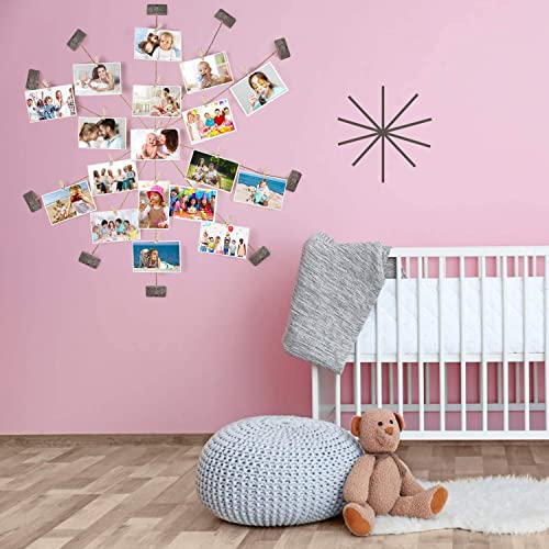 Emfogo Hanging Photo Display, Wood Picture Photo Frame for Wall DIY Decor 5 Strings with 30 Clips, Adjustable Twines fit Multi Pictures Frames Emfogo