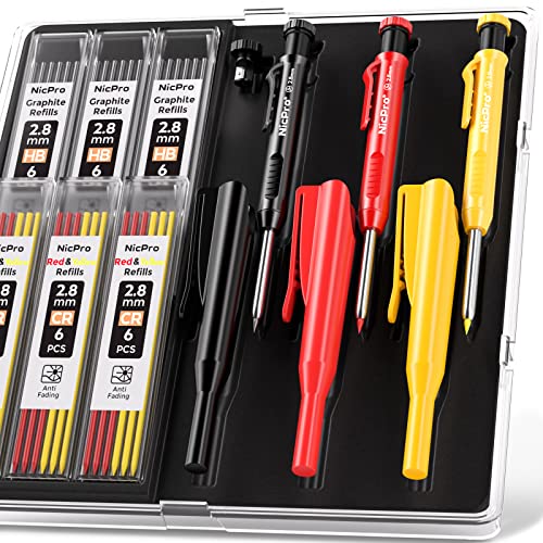 Nicpro 3 Pack Carpenter Pencil with Sharpener & Cap, Mechanical Carpenter Pencils with 39 Refills (Red, Black, Yellow), Deep Hole Marker Construction Nicpro