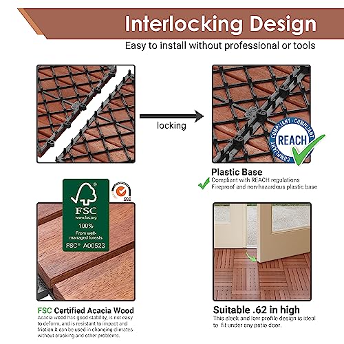 PrimeZone 54 PCS Solid Acacia Wood Interlocking Patio Deck Tiles - 12" x 12" Indoor Outdoor Waterproof Flooring Tiles for Balcony, Backyard, Garden & PrimeZone