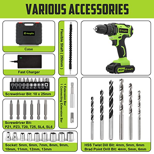 Yougfin Cordless Drill Set, 20V Power Drill Kit with Battery and Charger, 3/8" Keyless Chuck, Variable Speed, 25+1 Torque Setting, 34pcs Accessories Yougfin