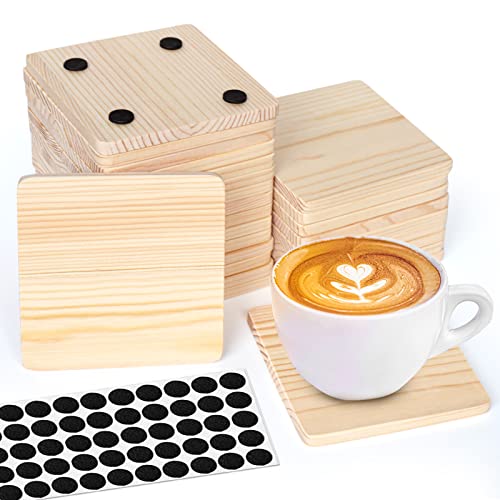 26 Pack Unfinished Wood Coasters, 4 Inch Square Blank Wooden Coasters Crafts Coasters with Non-Slip Silicon Dots for DIY Architectural Models Drawing Aweyka