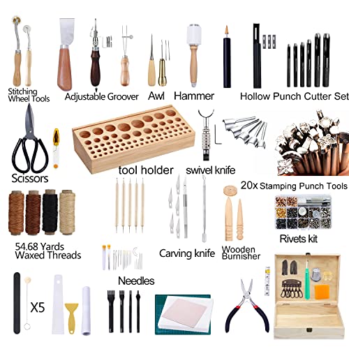 Jupean 458 Pieces Leather Kits, Leather Working Tools, Leathercraft Tools and Supplies with Instruction, Tool Holder, Leather Stamps Set, Prong JUPEAN