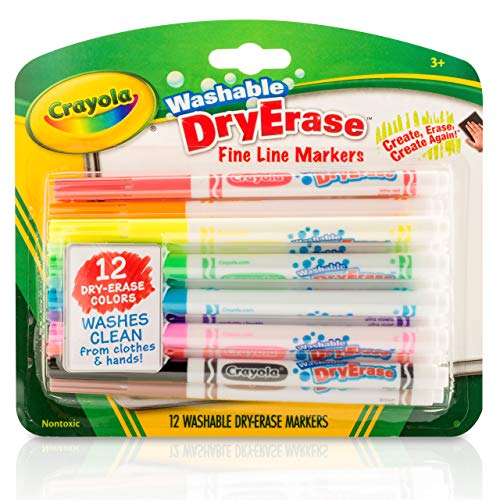 Crayola Washable Dry-Erase Fine Line Markers, 12 Classic Colors NonToxic Art Tools for Kids & Toddlers 3+ Crayola