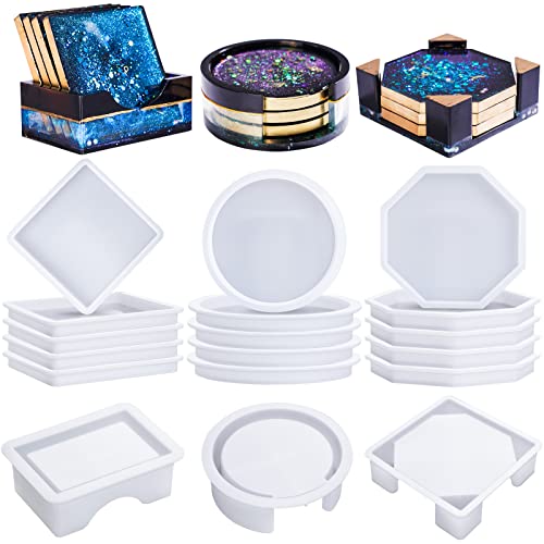 LET'S RESIN 18 Pcs Coaster Resin Molds Silicone, Coaster Molds with Round Square Octagon Shape Holder Molds for Epoxy Resin, DIY Art Craft Cup Mats LET'S RESIN