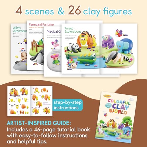 Drama Planet Air Dry Clay Kit for Kids - Comes with Instructional Guide Featuring 4 Scenes & 26 Projects Tutorials, 18 Cans of Modeling Clay, Drama Planet