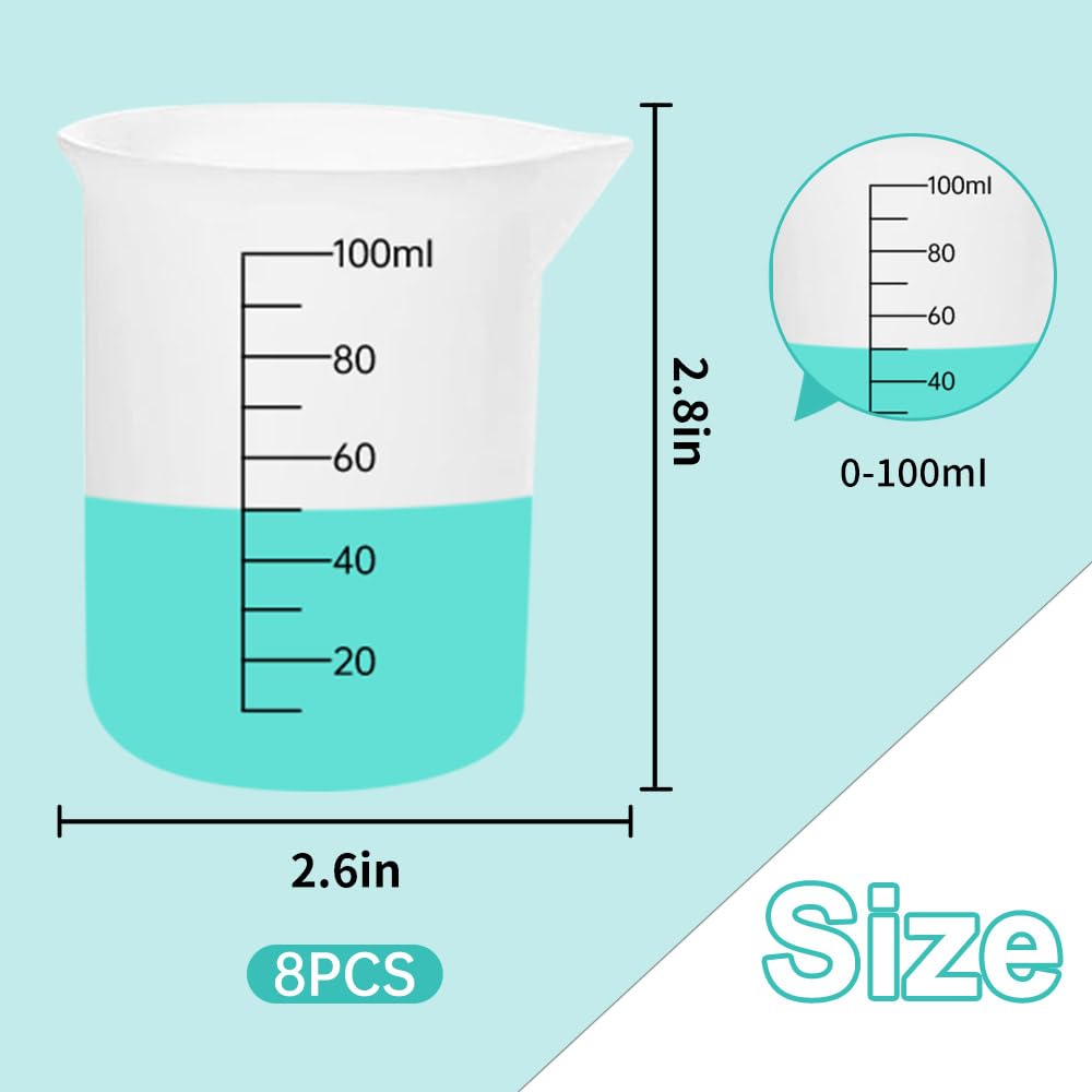 8 pcs Silicone Measuring Cups Kits, Silicone Measuring Cup, 100ml Non-Stick Mixing Cups,Precise Scale,Durable Easy Clean for Epoxy Resin, Stain Sjubaopen