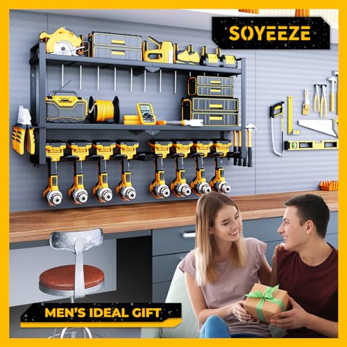 SOYEEZE Power Tool Organizer,8 Drill Holder Wall Mount,3 Layer Power Tool Storage Rack,Garage Utility Tool Rack & Hanger with Screwdriver SOYEEZE