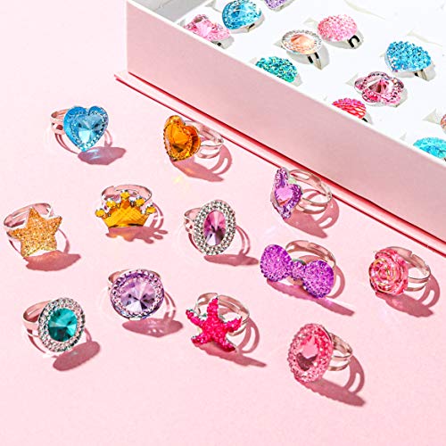 WATINC 24Pcs Adjustable Princess Pretend Jewelry Rings, Girl’s Jewelry Dress Up Play Toys, Rhinestone Gift Set in Box for Little Girls, No WATINC