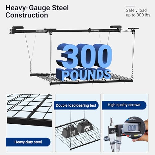 FLEXIMOUNTS GL1 Overhead Garage Lifting Storage Rack, 4x4 Ft Heavy-Duty Metal Garage Ceiling Rack, Adjustable Organization System, 300lbs Weight, FLEXIMOUNTS