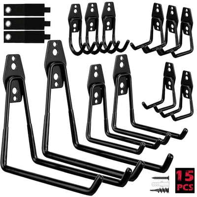 Garage Tool Storage Wall Hook Assortment Set: 15PCS Heavy Duty Large Hanger Garden Tool Organizer Ladder Bike Rack Yard Tool Holder Shed Shovel Metal