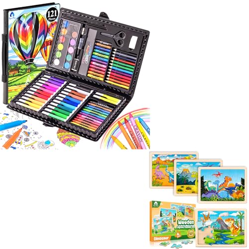 Art Set & 4 Pack Wooden Dinosaur Puzzles for Kids VigorFun