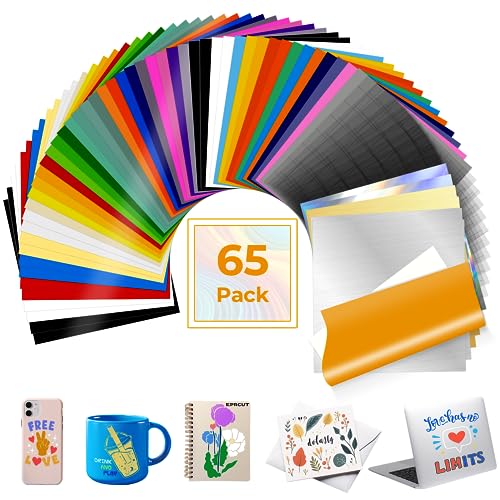 EPRCUT Permanent Vinyl Sheets, 65 Multi-Color 12" x 12" Adhesive Vinyl Bundle, Outdoor Waterproof Permanent Vinyl for All Cutting Machine, DIY Mug, EPRCUT