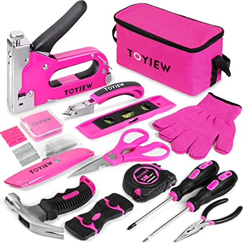 TOYIEW 33Pcs Pink Staple Gun Tool Set with 3 in 1 Upholstery Staple Gun for Wood Heavy Duty and 900 Staples, Perfect for DIY Decoration, Crafts, TOYIEW