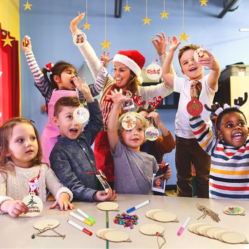 50pcs Christmas Round Wooden Ornaments DIY Unfinished Wood Slices Predrilled Wood Round Circles Blank Discs Hanging Festive Craft Decoration DECYOOL