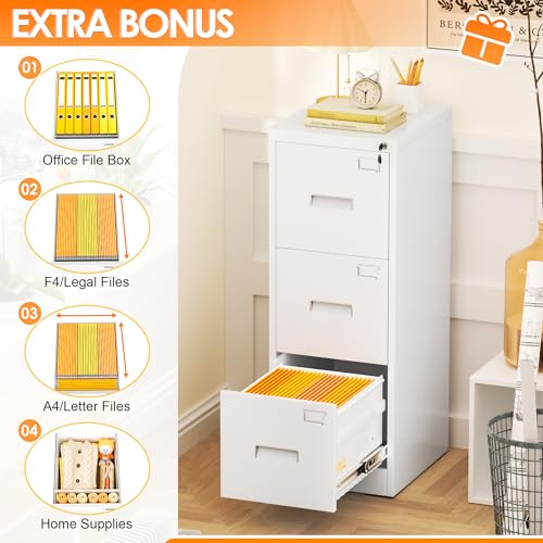 INTERGREAT 3 Drawers File Cabinet with Lock, 18" D Vertical Filing Cabinet for Home Office, Metal White File Cabinet for Hanging Letter/F4/A4/Legal INTERGREAT