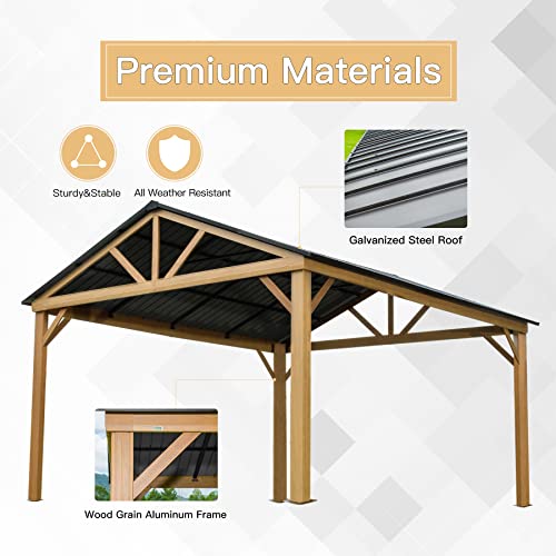 12' x 14' Hardtop Gazebo Outdoor Aluminum Gazebo with Galvanized Steel Gable Canopy for Patio Decks Backyard by domi outdoor living (Wood Looking)… domi outdoor living
